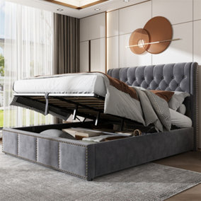 Double Bed-4ft6(135x190cm),with Hydraulic Lever, Functional Storage Bed, Rivet Decoration, without Mattress, Velvet, Grey
