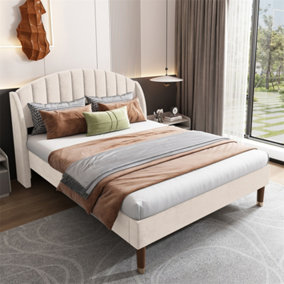 Double Bed-4ft6(135x190cm),with Slatted Frame and Headboard, Youth Bed, Wooden Slatted Support, Easy Assembly, Velvet, Beige 