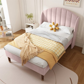 Double Bed-4ft6(135x190cm),with Slatted Frame and Headboard, Youth Bed, Wooden Slatted Support, Easy Assembly, Velvet, Pink 