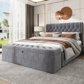 Double Bed-4ft6(135x190cm),with Upholstered Bench(135x41x42 cm), Functional Storage Bed, without Mattress, Velvet, Grey