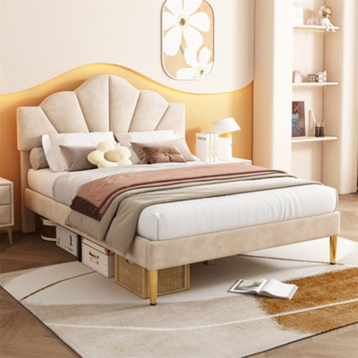 Double Bed-4ft6, Shell-like Bed with Golden Iron Legs, Height-adjustable Headboard, Wooden Slatted Frame, Beige 