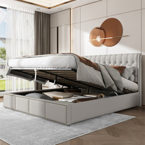 Double Bed-4ft6 with Hydraulic Lever, Functional Storage Bed, Rivet Decoration, without Mattress, Linen, Light Grey