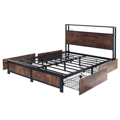 Double Bed Frame with 4 Storage Drawers and Charging Station