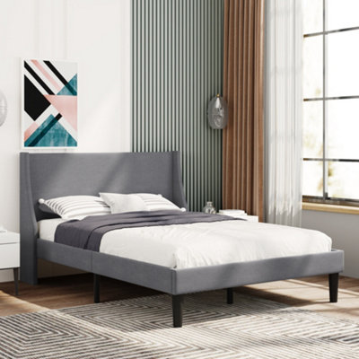 Double Bed Frame with Linen Upholstered Winged Headboard Simply Grey (4ft6)