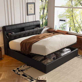 Double Bed,Hydraulic Bed,Concealed Headboard Storage,Bed Box Storage,PU,With Slats and Headboard,Without Mattress,Black 