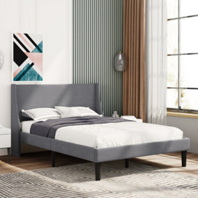 Double Bed Soft Linen Grey 4FT6 Upholstered Bed  with Winged Headboard, Wood Slat Support