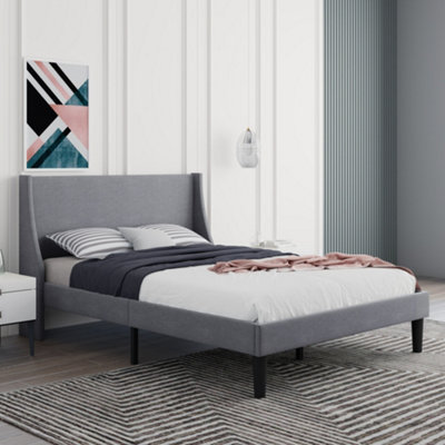 Double Bed Soft Linen Grey 4FT6 Upholstered Bed  with Winged Headboard, Wood Slat Support