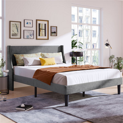 Double Bed Velvet Grey 4FT6 Upholstered Bed with Winged Headboard, Wood Slat Support, Grey