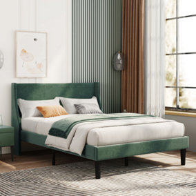 Double Bed Velvet Moss Green 4FT6 Upholstered Bed with Winged Headboard, Wood Slat Support