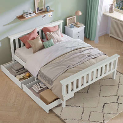 Double Bed with Storage Drawers, Wooden Frame 4ft6 Double Wooden Bed in White For Adults, Kids