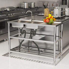 Double Bowl Commercial Catering Stainless Steel Kitchen Sink with Right Drainboard and Shelf 120cm