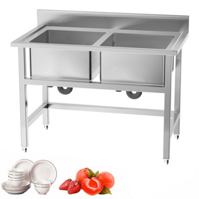 Double Bowl Commercial Freestanding Stainless Steel Kitchen Catering Sink with Splashback for Food Prep