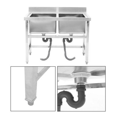 Double Bowl Commercial Freestanding Stainless Steel Kitchen Catering Sink with Splashback for Food Prep