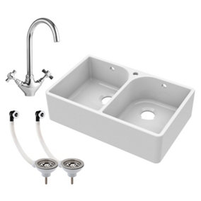 Double Bowl Fireclay Belfast Sink with Tap Hole & Full Wier, with Basket Strainer Waste & Mono Kitchen Sink Mixer Tap - Balterley