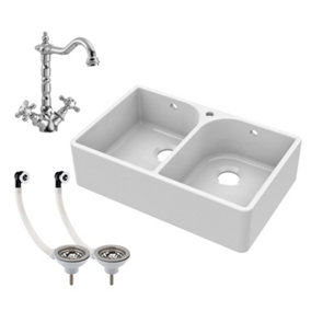 Double Bowl Fireclay Belfast Sink with Tap Hole & Full Wier, with Waste & French Classic Mono Sink Mixer Tap - Balterley
