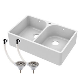 Double Bowl Fireclay Butler Sink - Full Weir, Tap Hole & Overflows - 795mm x 500mm x 220mm & Wastes - Chrome - Balterley