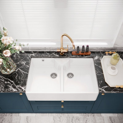 Double Bowl Fireclay Butler Sink - Stepped Weir, Overflow & Tap Ledge - 895mm x 550mm x 220mm & Wastes - Chrome - Balterley