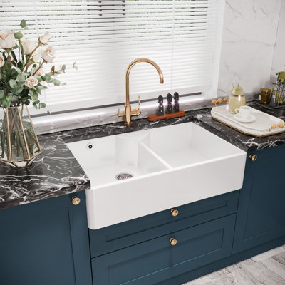 Double Bowl Fireclay Butler Sink - Stepped Weir, Overflow & Tap Ledge - 895mm x 550mm x 220mm & Wastes - Chrome - Balterley