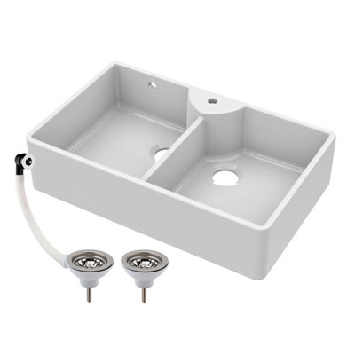 Double Bowl Fireclay Butler Sink - Stepped Weir, Overflow, Tap Ledge & Hole - 895mm x 550mm x 220mm & Wastes - Chrome - Balterley