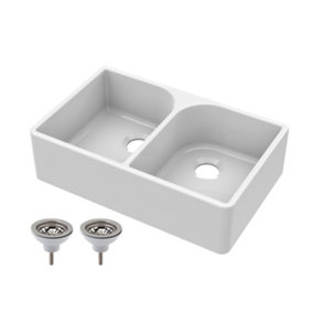 Double Bowl Fireclay Butler Sink with Full Weir - 795mm x 500mm x 220mm & Basket Strainer Wastes- Chrome - Balterley