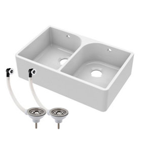 Double Bowl Fireclay Butler Sink with Full Weir & Overflows - 795mm x 500mm x 220mm & Basket Strainer Wastes - Chrome - Balterley