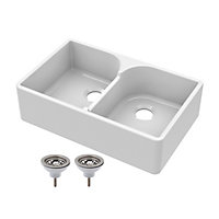 Double Bowl Fireclay Butler Sink with Stepped Weir - 795mm x 500mm x 220mm & Basket Strainer Wastes - Chrome - Balterley