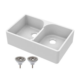 Double Bowl Fireclay Butler Sink with Stepped Weir - 795mm x 500mm x 220mm & Basket Strainer Wastes - Chrome - Balterley