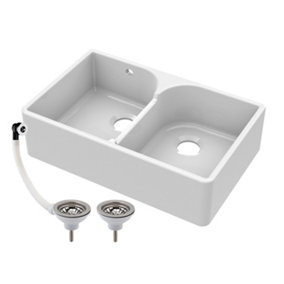 Double Bowl Fireclay Butler Sink with Stepped Weir & Overflow - 795mm x 500mm x 220mm & Wastes - Chrome - Balterley