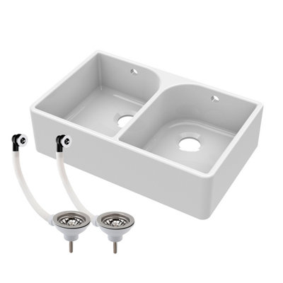 Double Bowl Fireclay Ceramic Butler Kitchen Sink with Full Weir, Overflows & Wastes