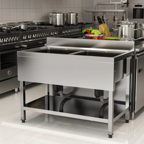 Double Bowl Floorstanding Stainless Steel Commercial Kitchen Vegetable Sink with Storage Shelf 110cm