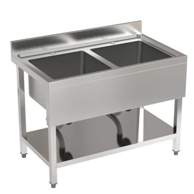 Double Bowl Floorstanding Stainless Steel Commercial Kitchen Vegetable Sink with Storage Shelf 110cm