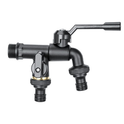 Double Brass Garden Faucet, Black 3/4 Inlet Tap with 2 Outlets 3/4 ...