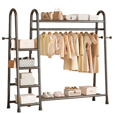 Double Clothes Rail Garment Rack with Shelves and Hooks ,Heavy Duty Frame