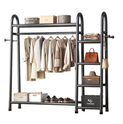Double Clothes Rail Garment Rack with Shelves and Hooks ,Heavy Duty Frame