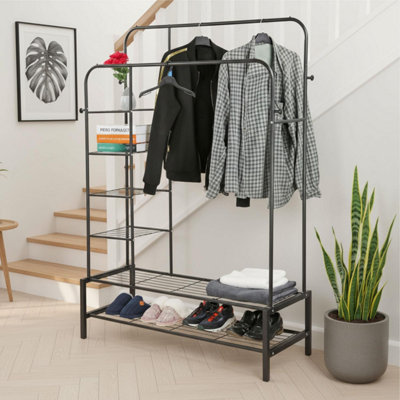 Double Clothes Rail Heavy Duty Black Metal Garment Rack with Storage ...