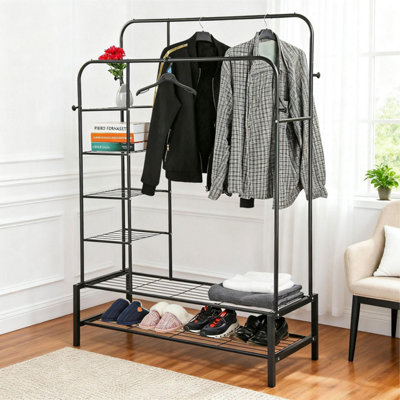 Double Clothes Rail Heavy Duty Black Metal Garment Rack with Storage ...