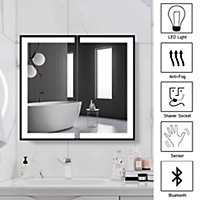 Double Door Anti Fog LED Illuminated Mirrored Bathroom Cabinet with Shaver Socket&Bluetooth Speaker W 650 x H 600 mm