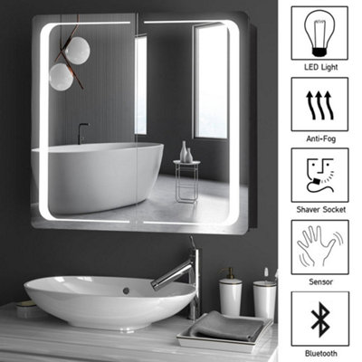 Double Door LED Illuminated Sensor Mirrored Bathroom Cabinet with Demist Shaver Socket W 650mm x H 600mm