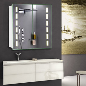 Double Doors Bathroom Mirror Cabinets with LED Lights Wall Mounted Storage Organizer with Adjustable Shelves 650mm W x 600 mm H