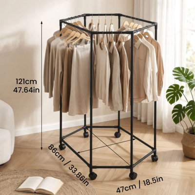 Double layer Hexagonal Rotating Clothes Rack with Wheels black