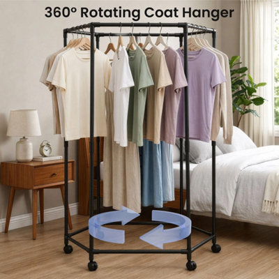 Double layer Hexagonal Rotating Clothes Rack with Wheels black