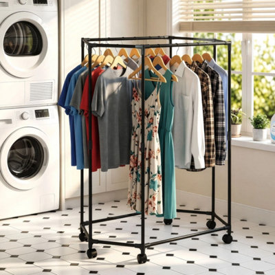 Double layer Hexagonal Rotating Clothes Rack with Wheels black
