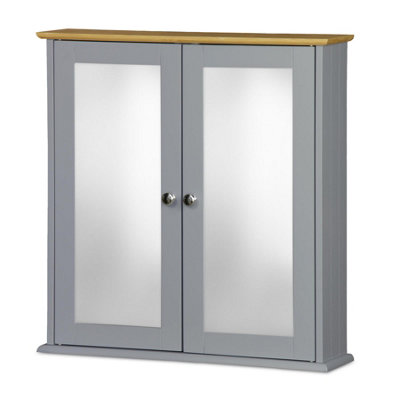 Double Mirror Bathroom Cabinet - Grey with Bamboo Top