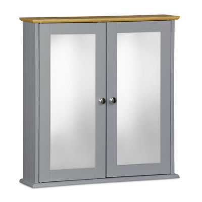 Double Mirror Bathroom Cabinet - Grey with Bamboo Top