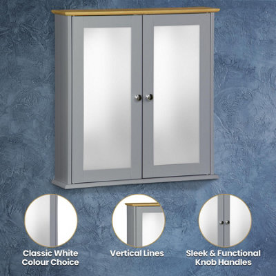 Double Mirror Bathroom Cabinet - Grey with Bamboo Top