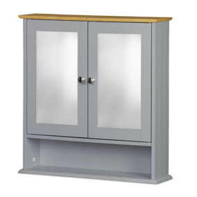 Double Mirror Bathroom Cabinet with Shelf - Grey Bamboo Top