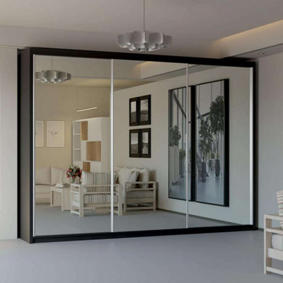 Double Mirror Sliding Door Wardrobe Sleek Design comes in Width 90/100/120/150/180/203/250cm(Black W250cm X H217cm)