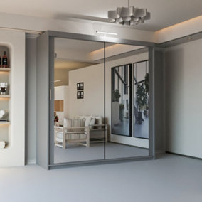 Double Mirror Sliding Door Wardrobe Sleek Design comes in Width 90/100/120/150/180/203/250cm(Grey W100cm X H217cm)
