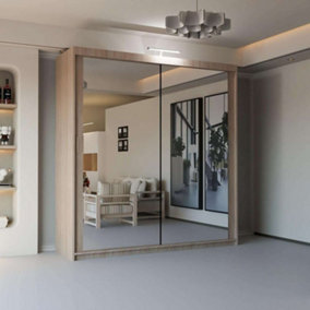 Double Mirror Sliding Door Wardrobe Sleek Design comes in Width 90/100/120/150/180/203/250cm(Oak W203cm X H217cm)