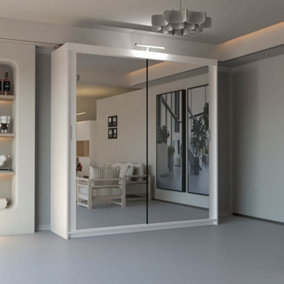 Double Mirror Sliding Door Wardrobe Sleek Design comes in Width 90/100/120/150/180/203/250cm(White W120cm X H217cm)